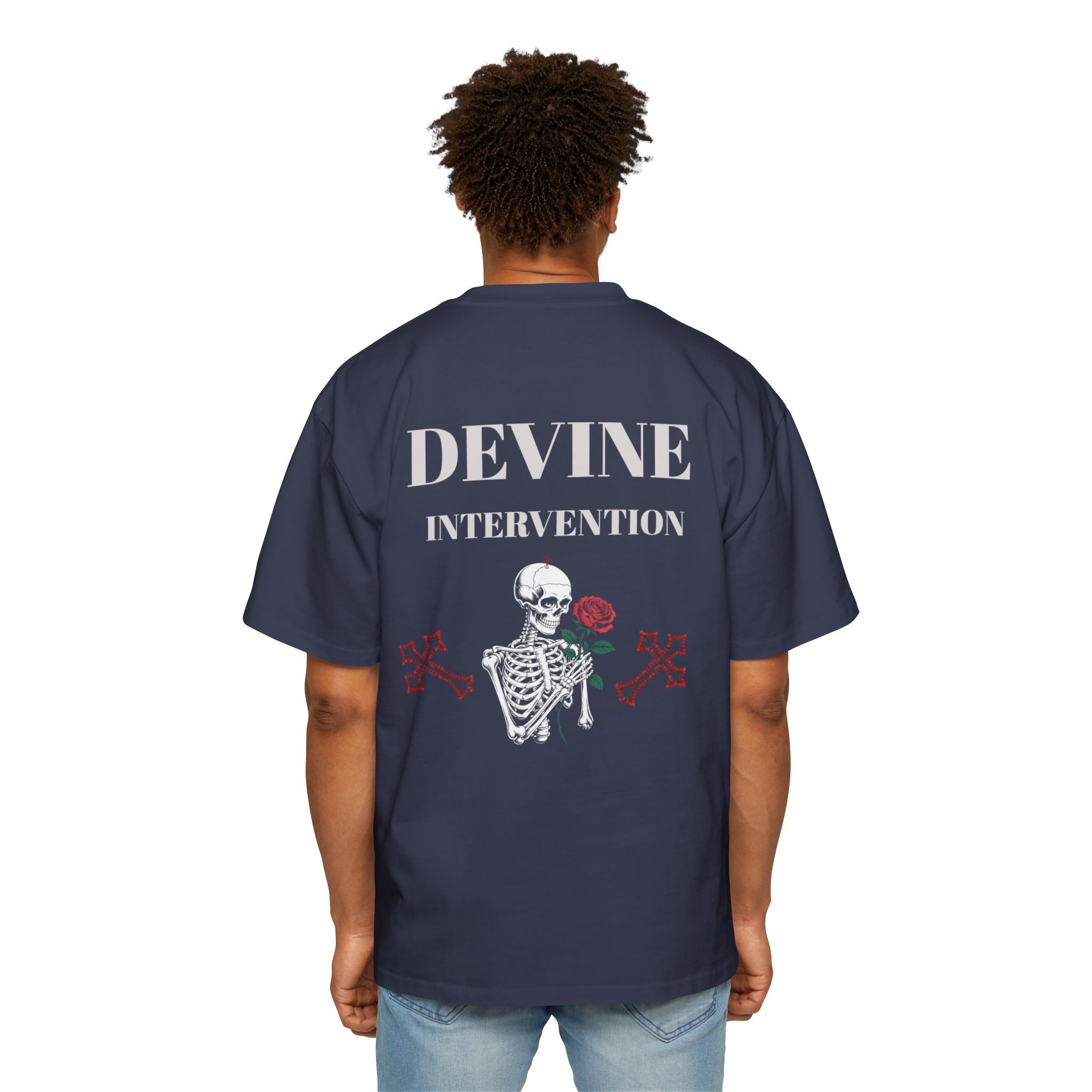 Skeleton Holding Rose Graphic Tee — "DEVINE INTERVENTION" Mens Oversized Shirt
