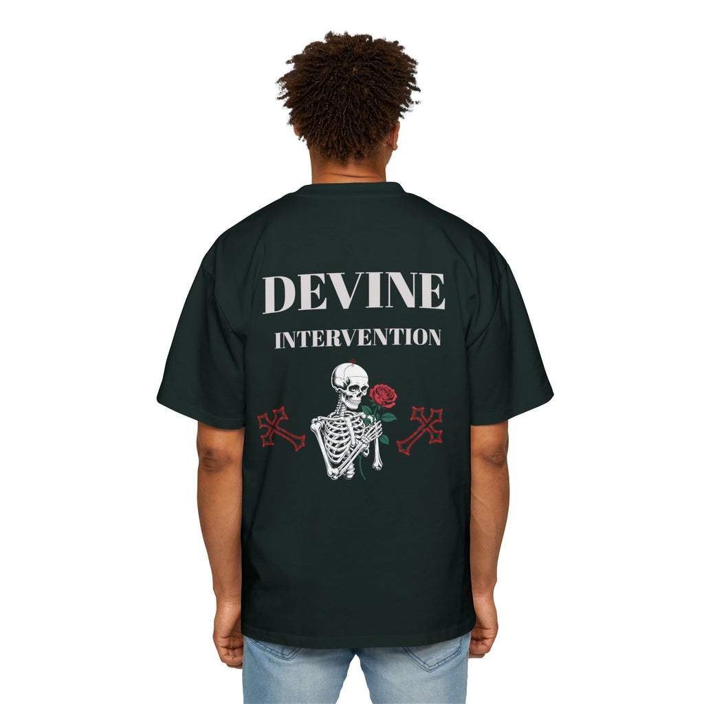 Skeleton Holding Rose Graphic Tee — "DEVINE INTERVENTION" Mens Oversized Shirt