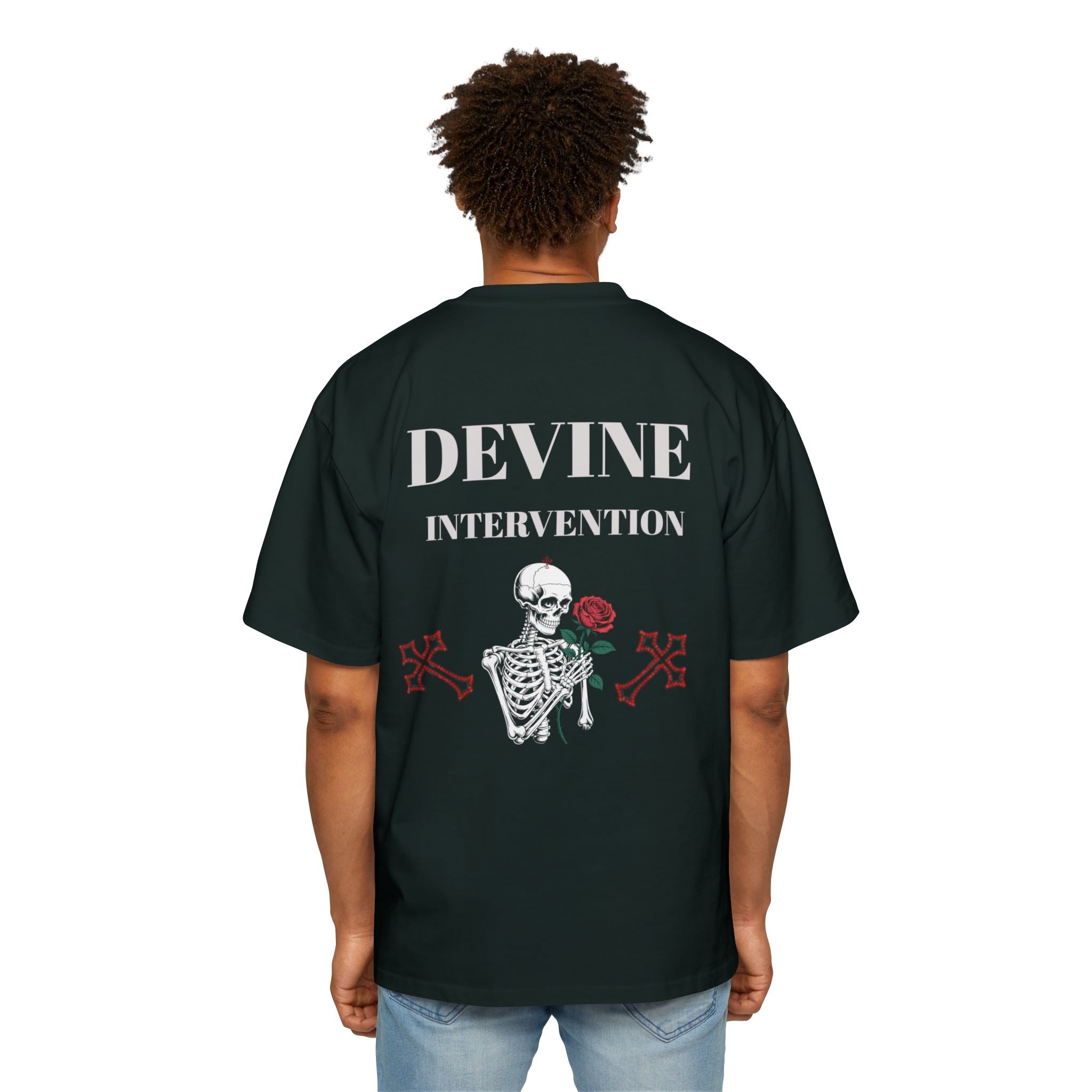 Skeleton Holding Rose Graphic Tee — "DEVINE INTERVENTION" Mens Oversized Shirt