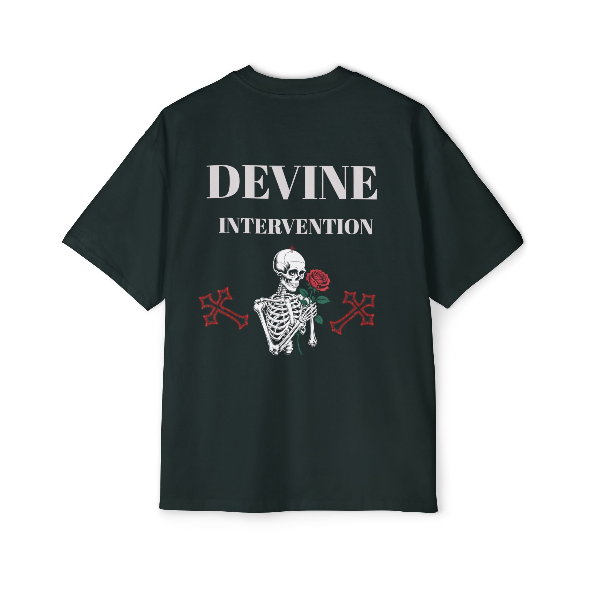 Skeleton Holding Rose Graphic Tee — "DEVINE INTERVENTION" Mens Oversized Shirt
