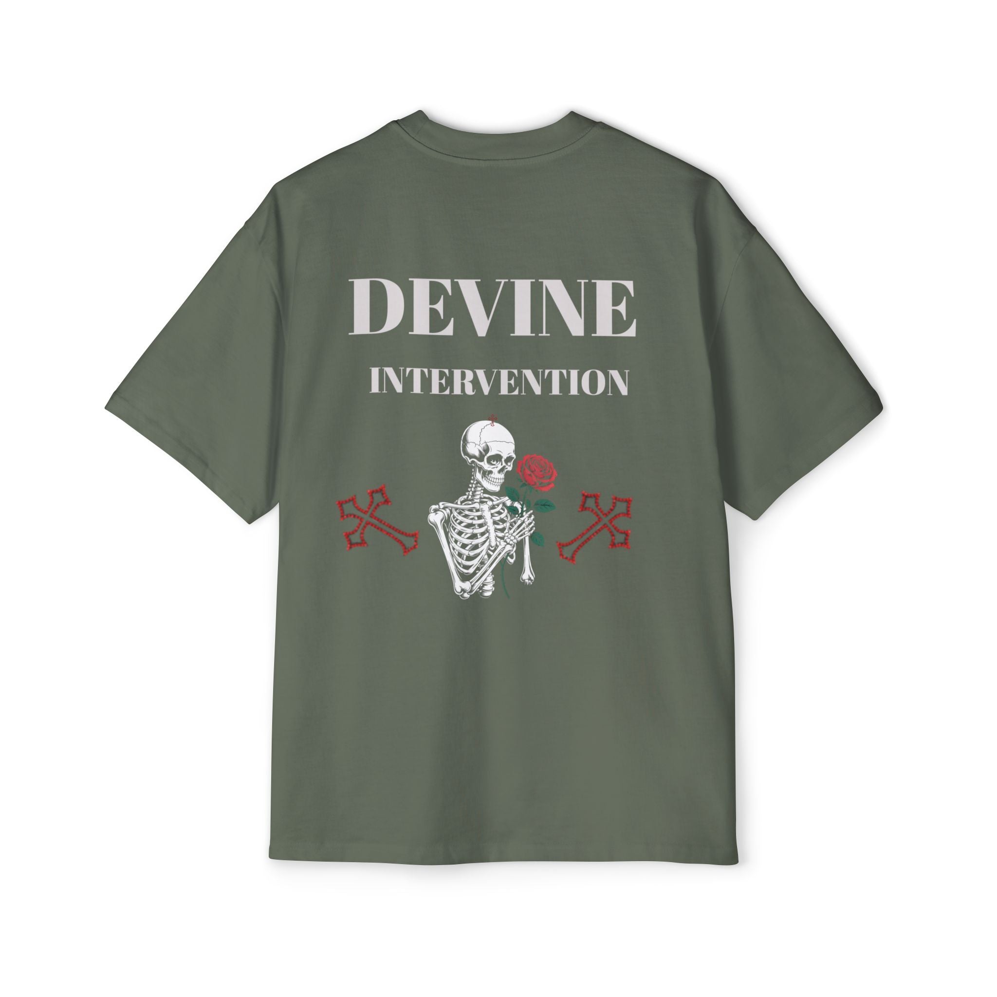 Skeleton Holding Rose Graphic Tee — "DEVINE INTERVENTION" Mens Oversized Shirt