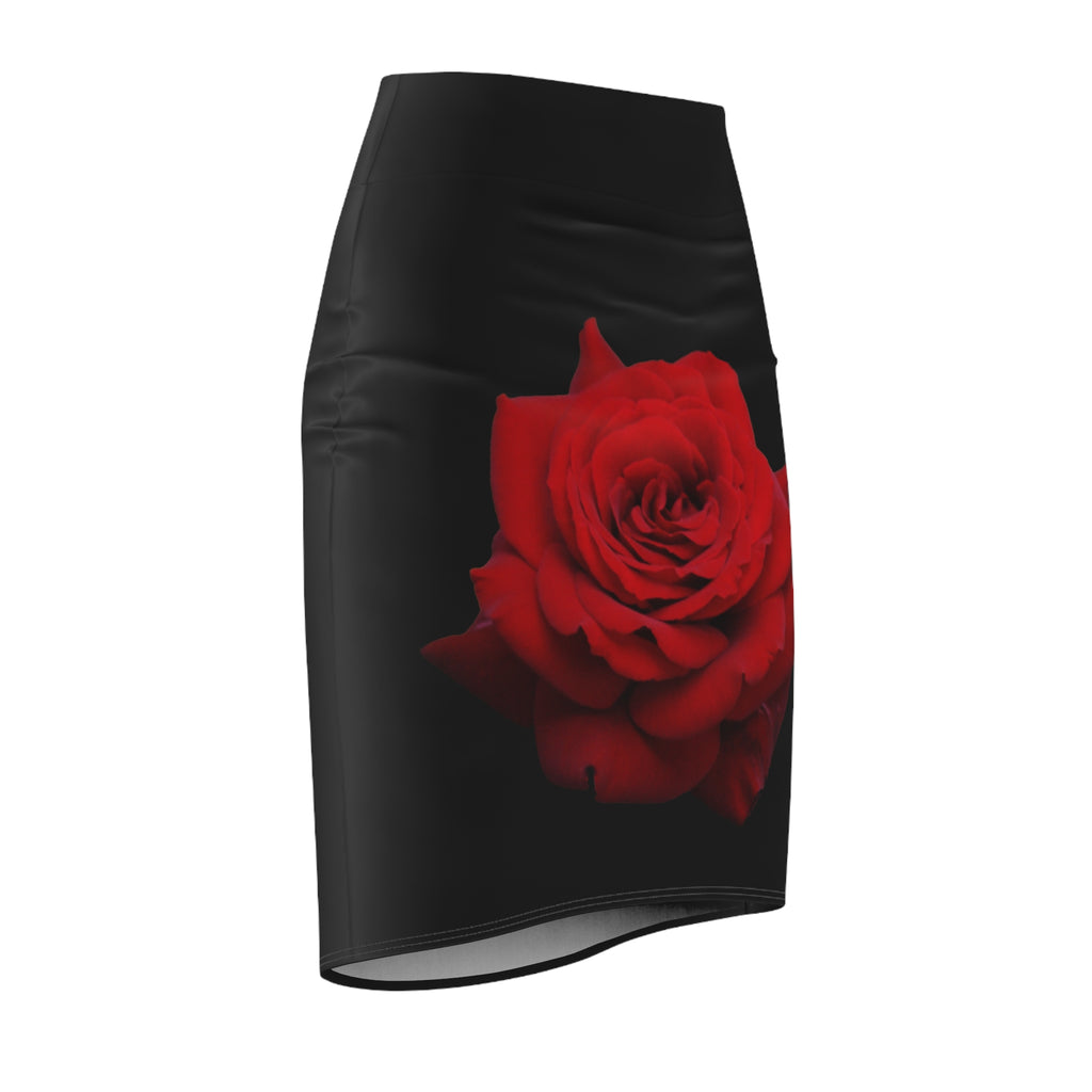 Red Rose Pencil Skirt — Black Skirt for Women
