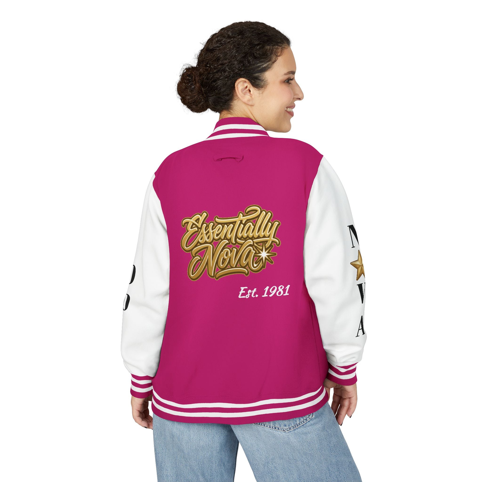 Letterman Jacket — "Essentially Nova" Varsity Bomber with Gold Script & Star Accents