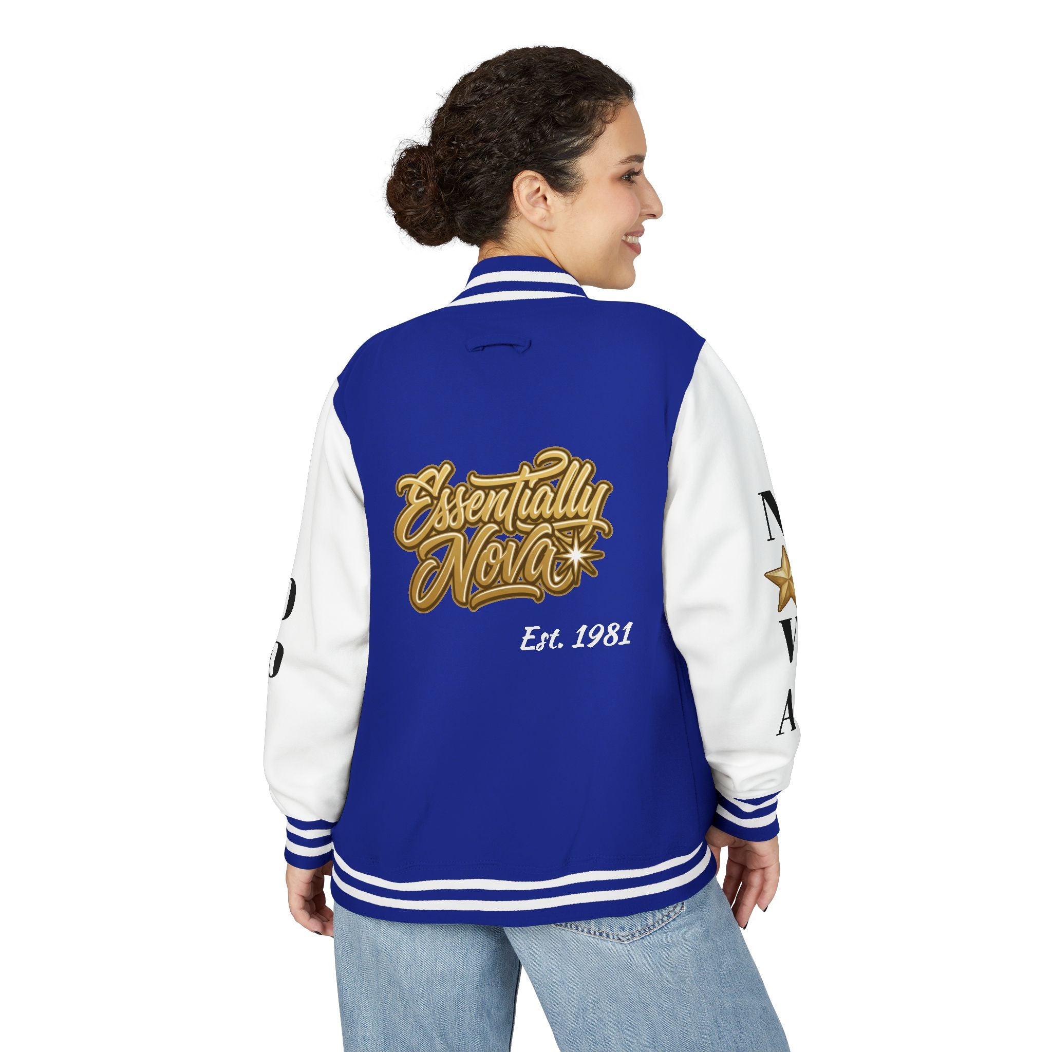 Letterman Jacket — "Essentially Nova" Varsity Bomber with Gold Script & Star Accents