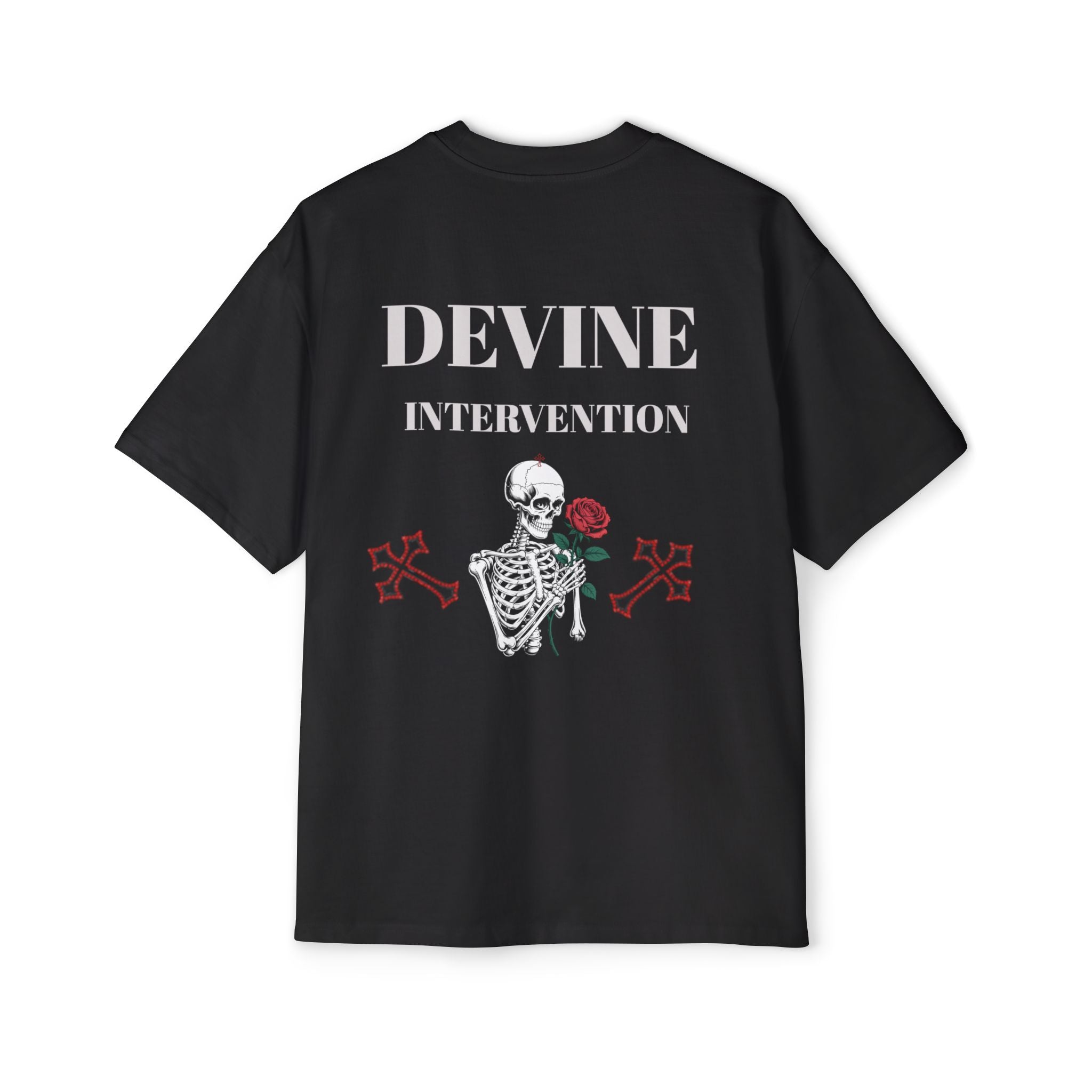 Skeleton Holding Rose Graphic Tee — "DEVINE INTERVENTION" Mens Oversized Shirt