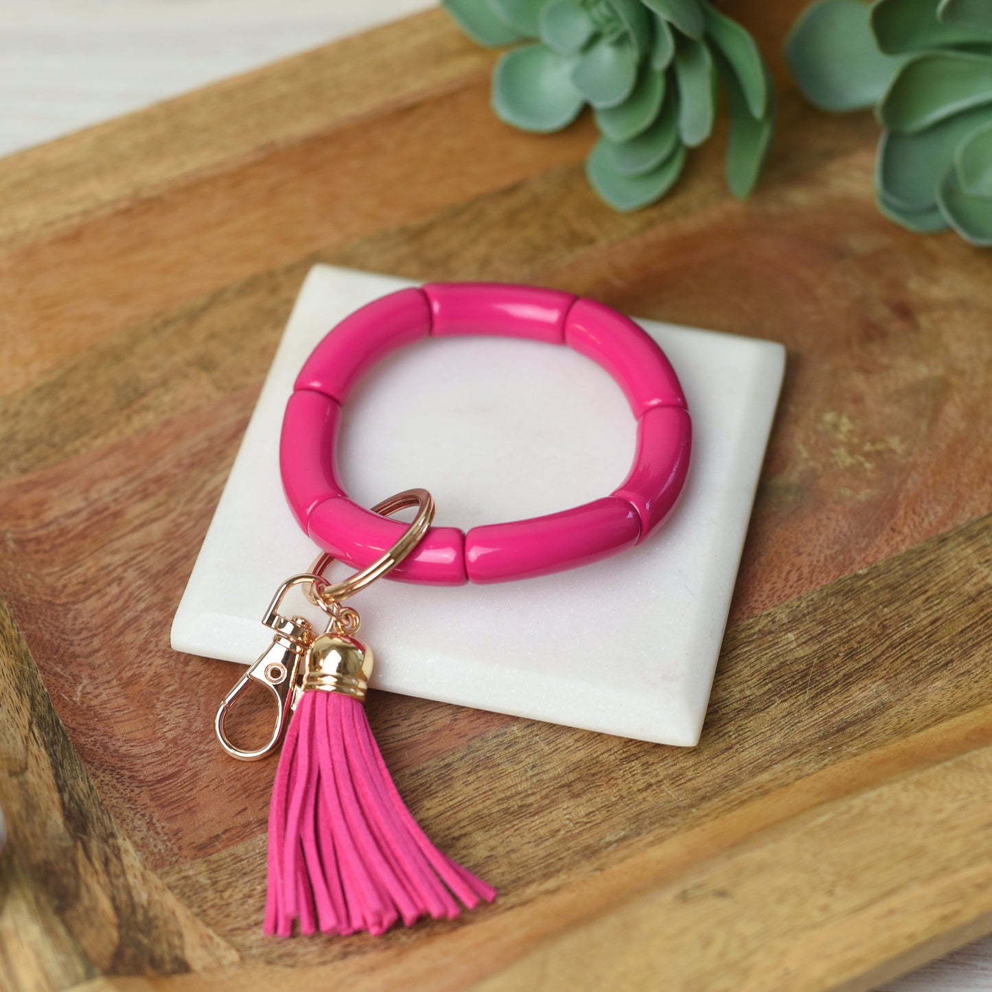 Katie Tube Bead Stretch Bracelet with Tassel and Keychain