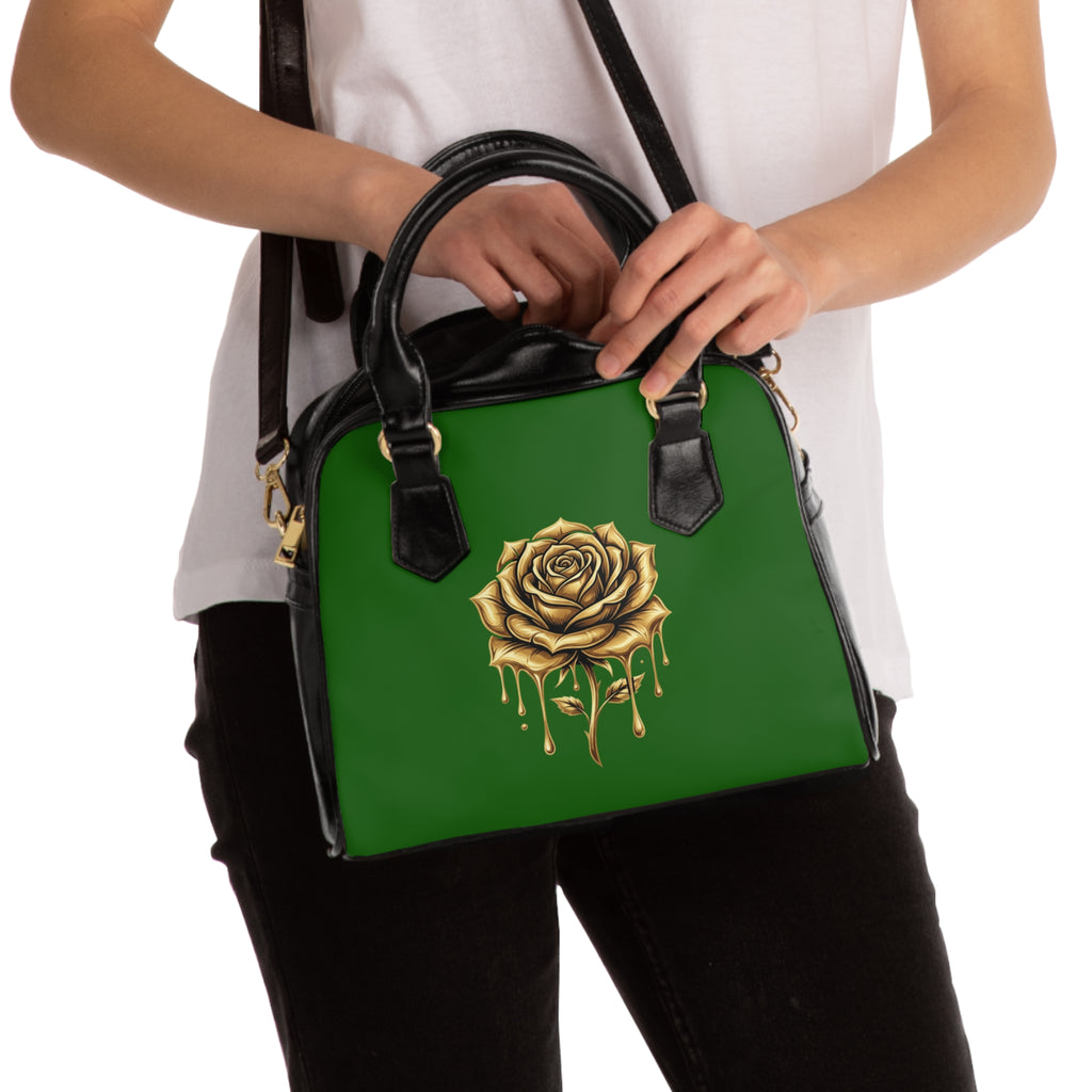Gold Drip Rose Shoulder Handbag – Green Vegan Leather Purse