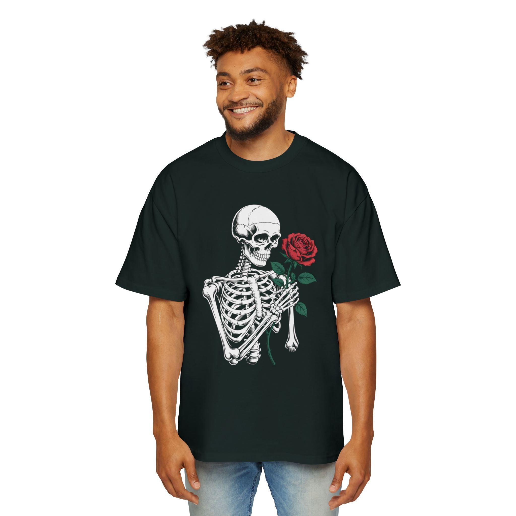 Skeleton Holding Rose Graphic Tee — "DEVINE INTERVENTION" Mens Oversized Shirt