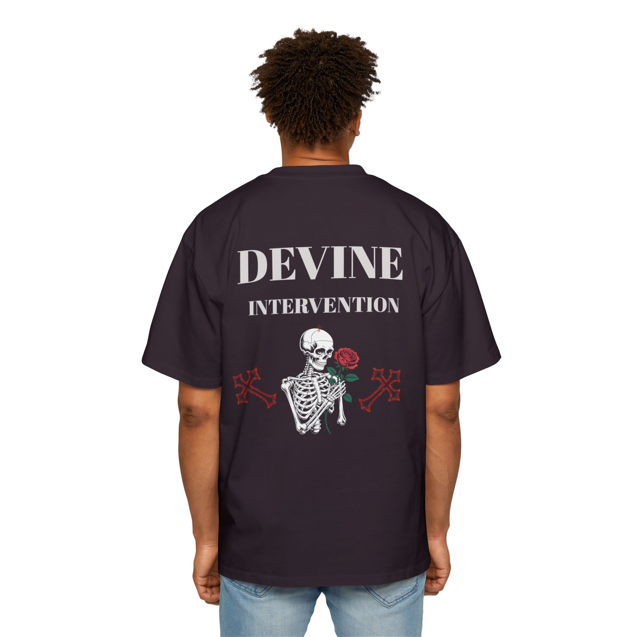 Skeleton Holding Rose Graphic Tee — "DEVINE INTERVENTION" Mens Oversized Shirt