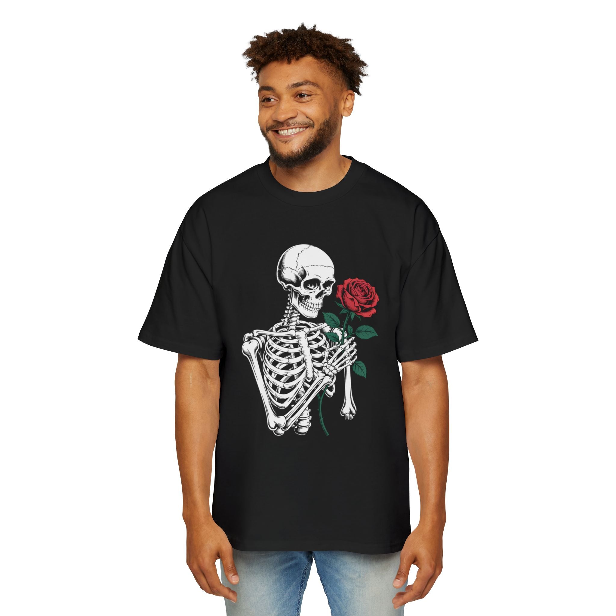 Skeleton Holding Rose Graphic Tee — "DEVINE INTERVENTION" Mens Oversized Shirt
