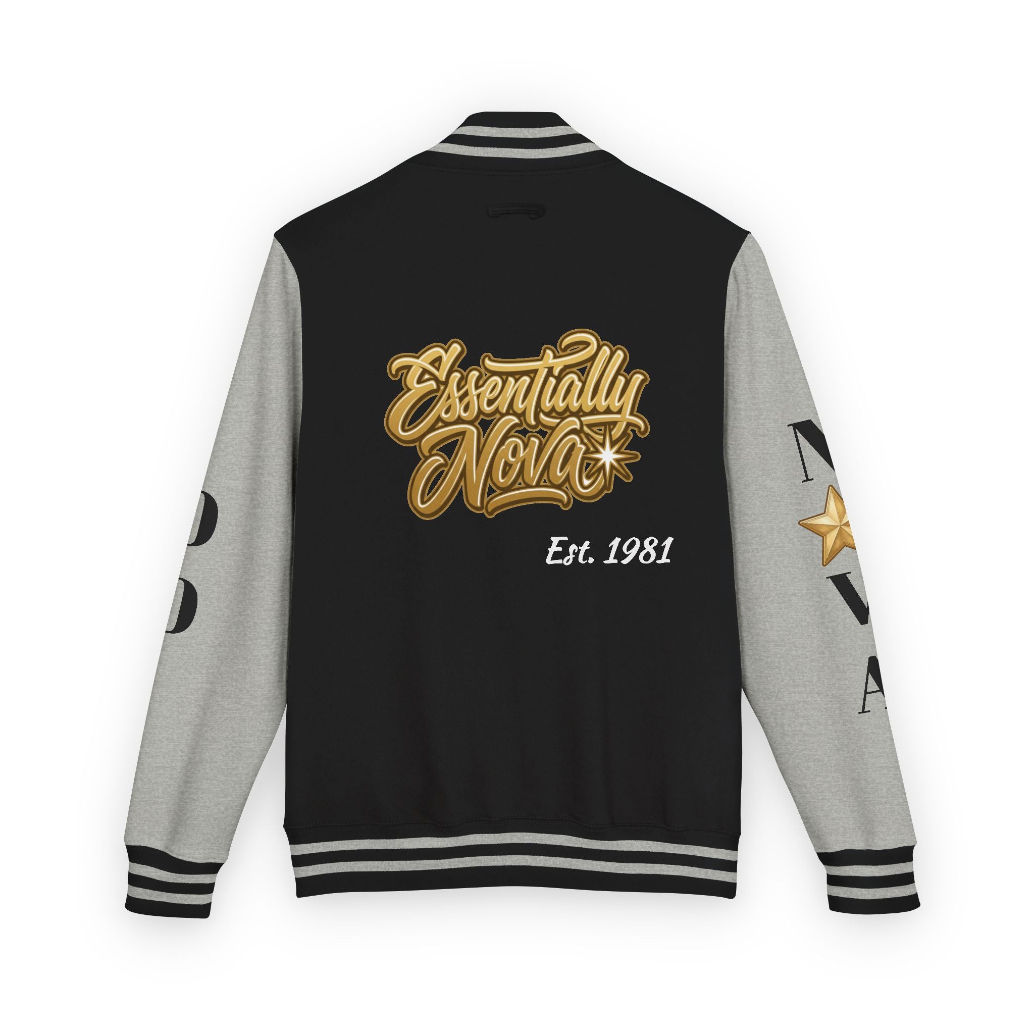 Letterman Jacket — "Essentially Nova" Varsity Bomber with Gold Script & Star Accents