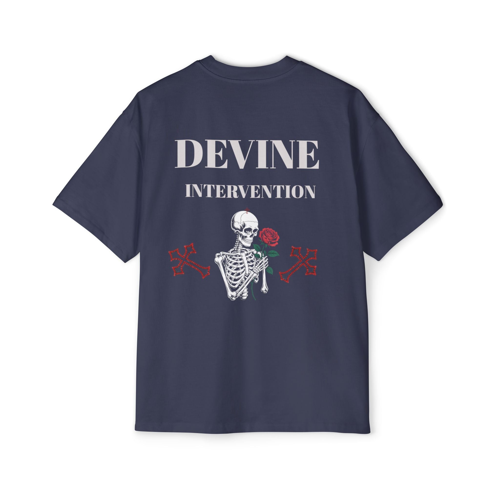 Skeleton Holding Rose Graphic Tee — "DEVINE INTERVENTION" Mens Oversized Shirt