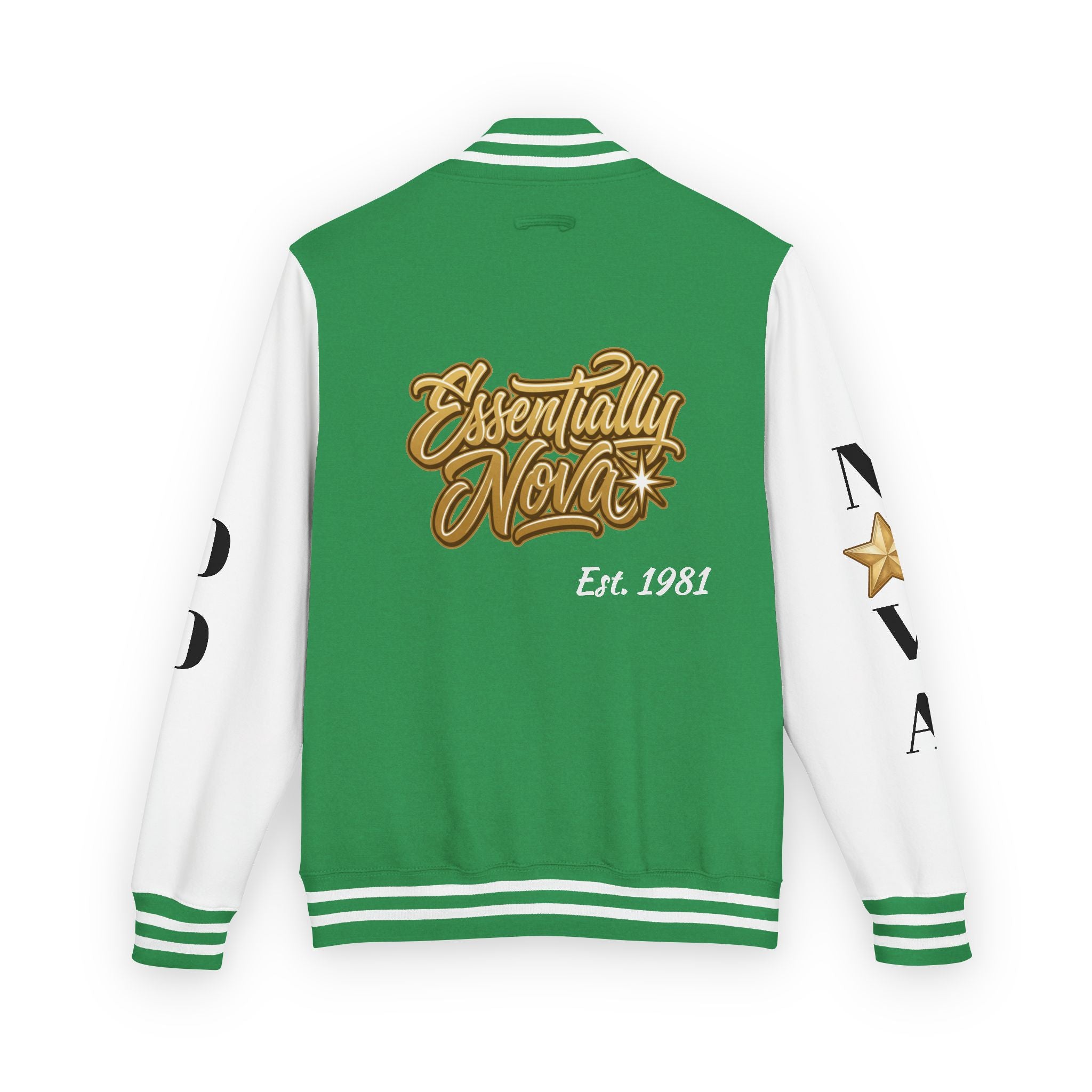 Letterman Jacket — "Essentially Nova" Varsity Bomber with Gold Script & Star Accents