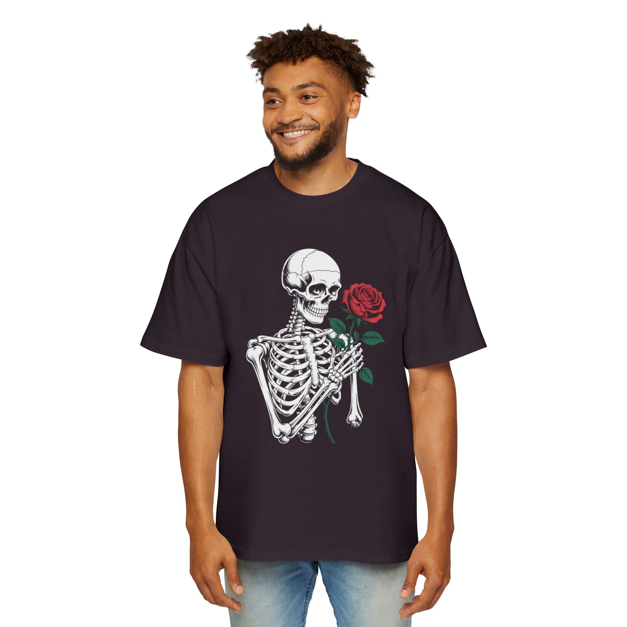 Skeleton Holding Rose Graphic Tee — "DEVINE INTERVENTION" Mens Oversized Shirt
