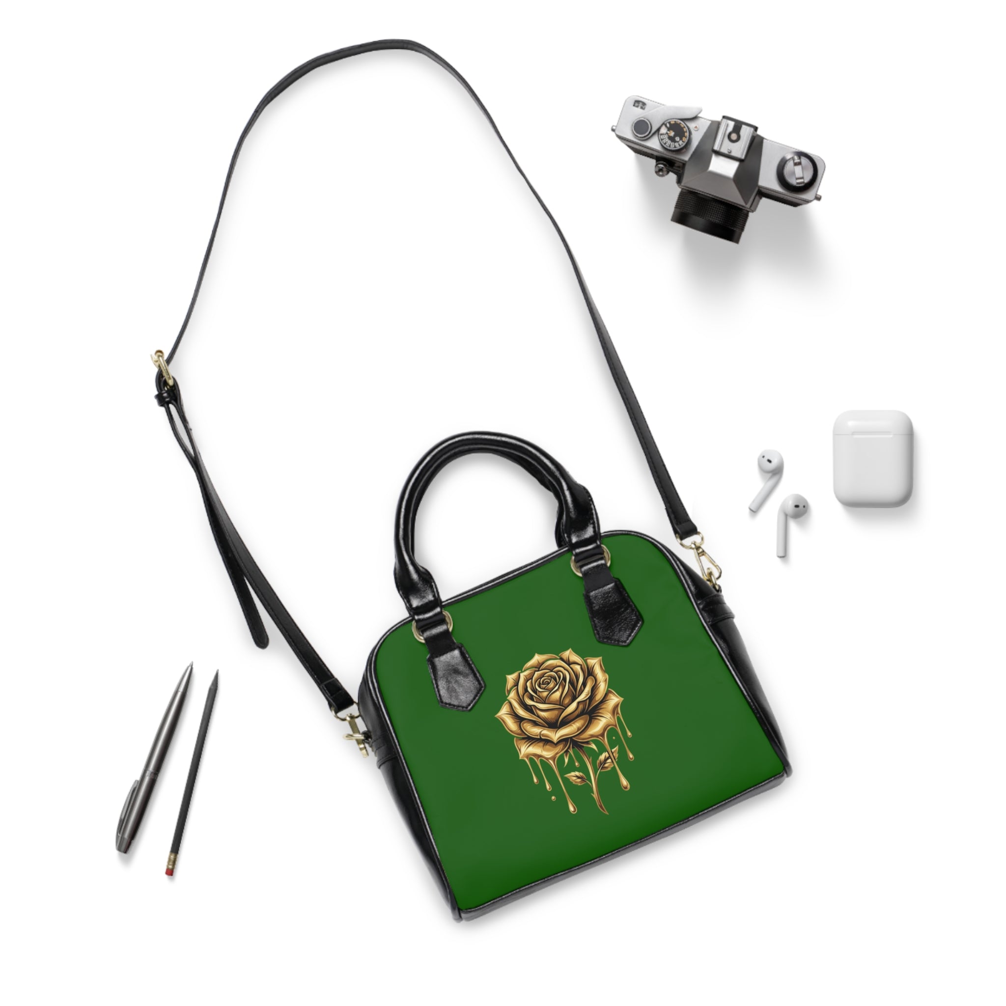 Gold Drip Rose Shoulder Handbag – Green Vegan Leather Purse