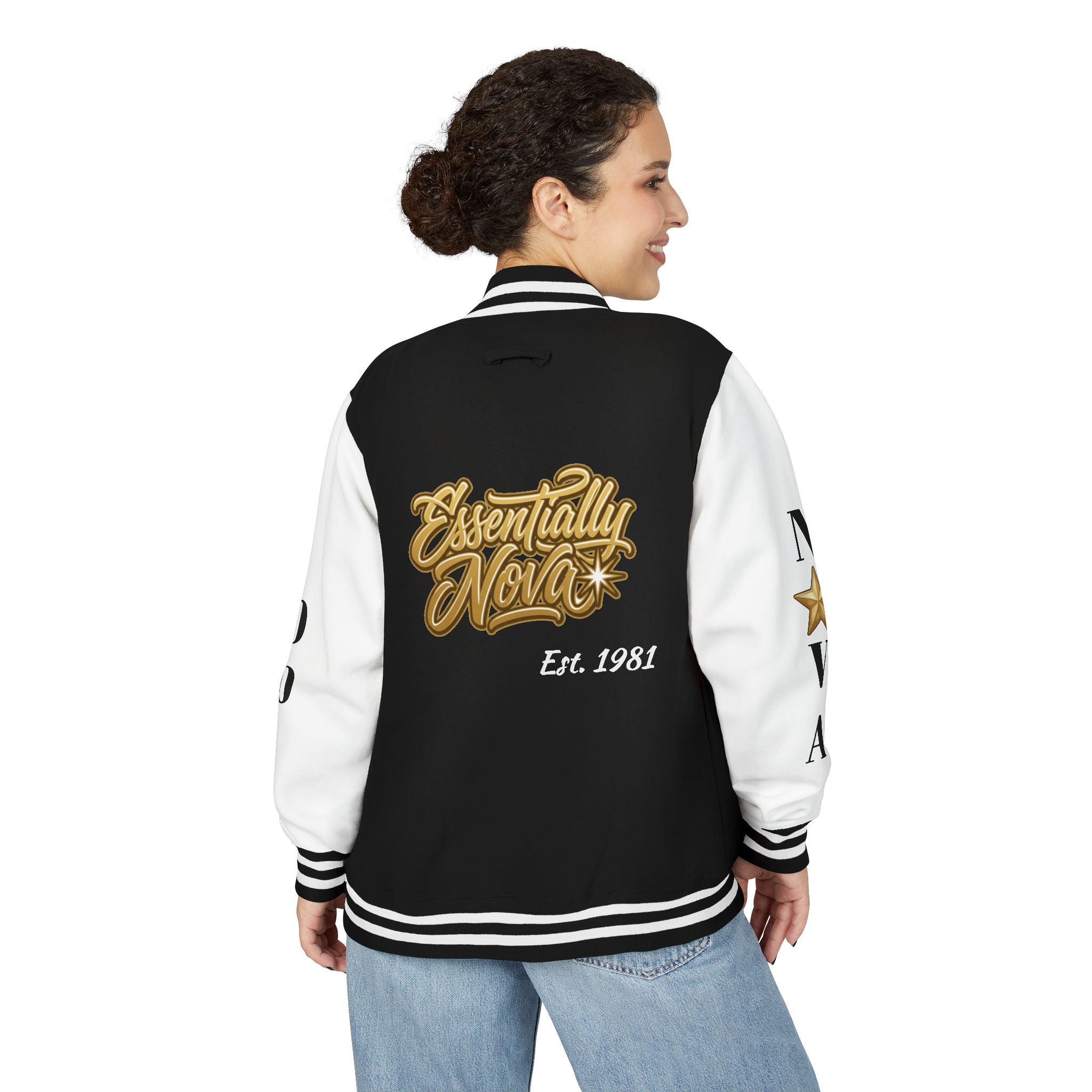 Letterman Jacket — "Essentially Nova" Varsity Bomber with Gold Script & Star Accents