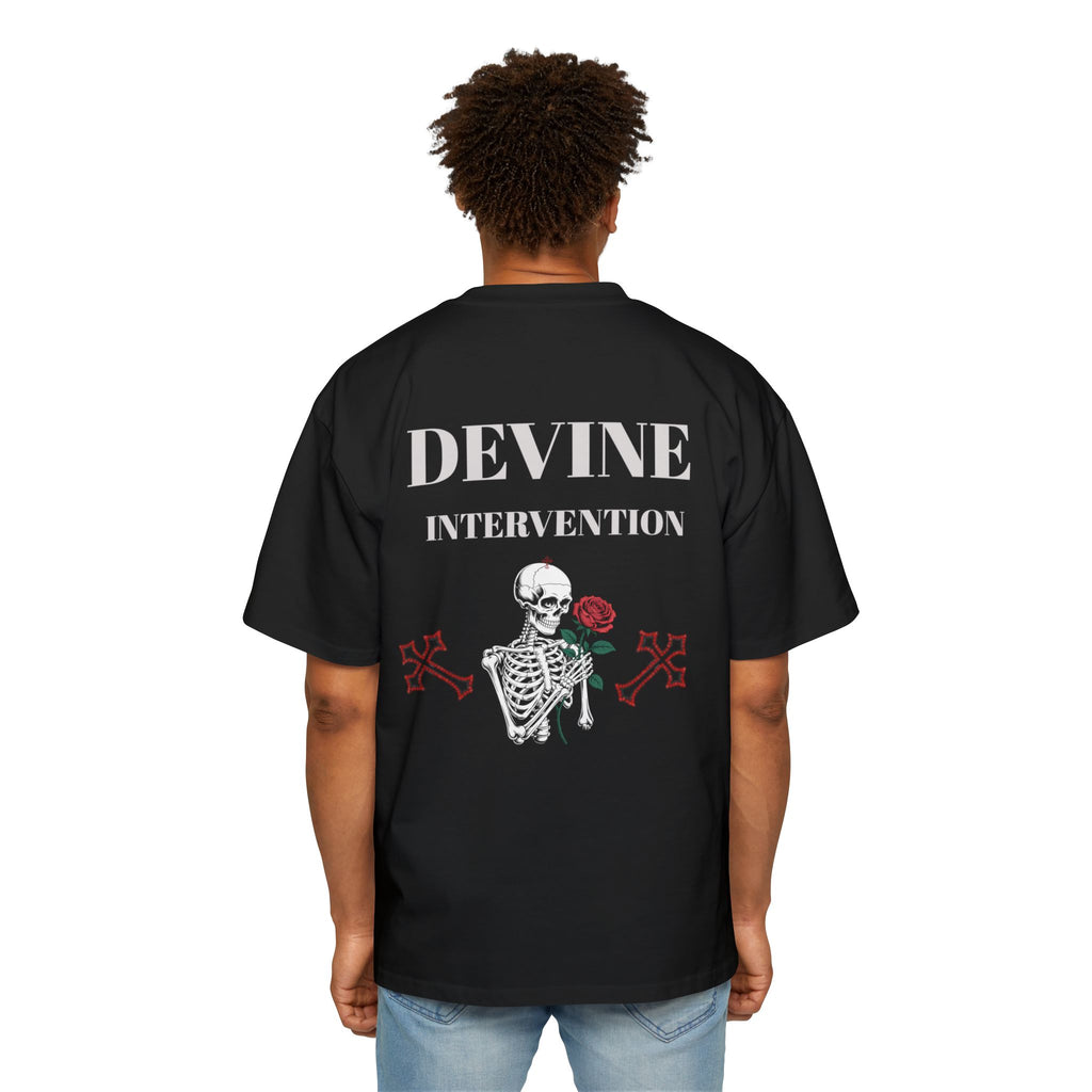 Skeleton Holding Rose Graphic Tee — "DEVINE INTERVENTION" Mens Oversized Shirt
