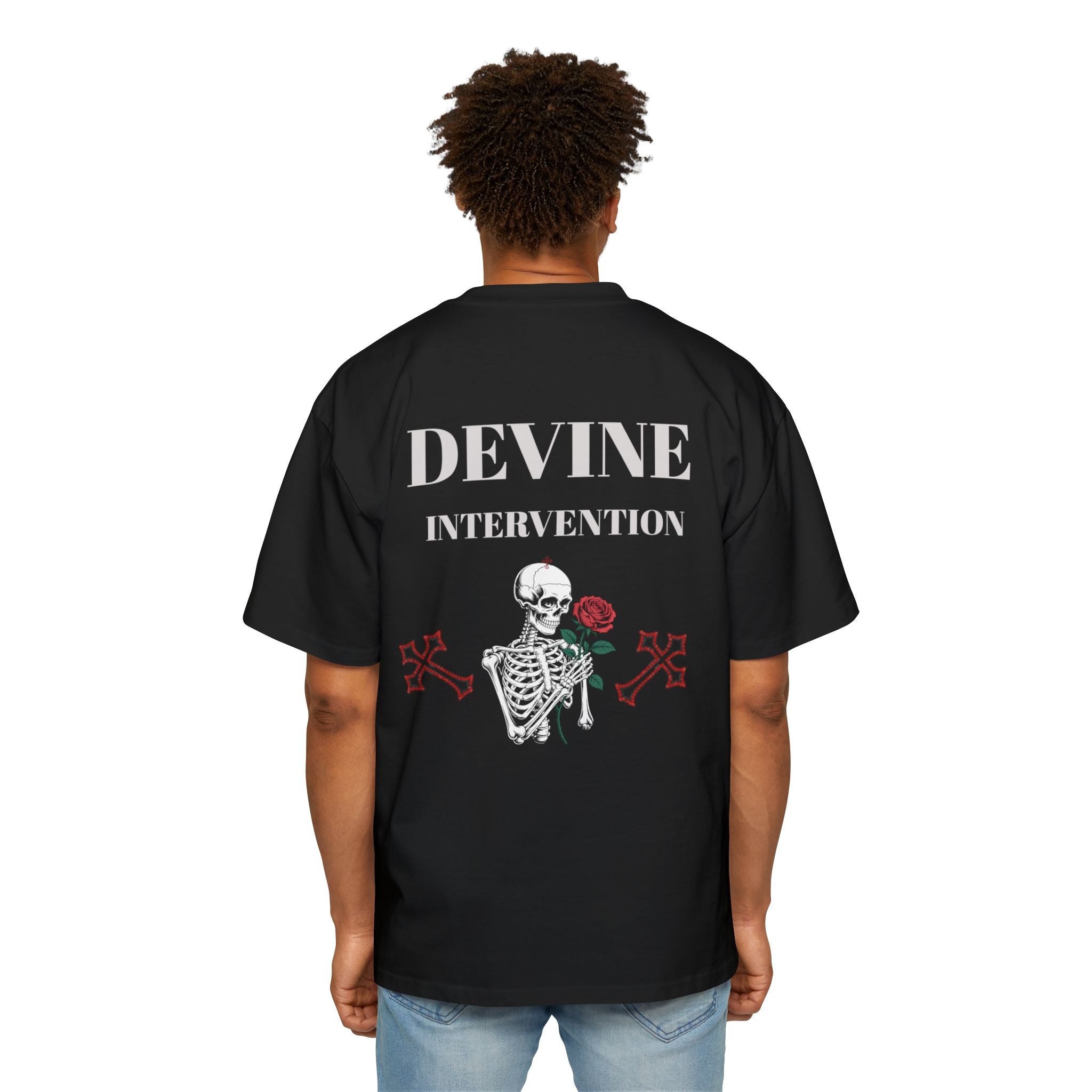 Skeleton Holding Rose Graphic Tee — "DEVINE INTERVENTION" Mens Oversized Shirt