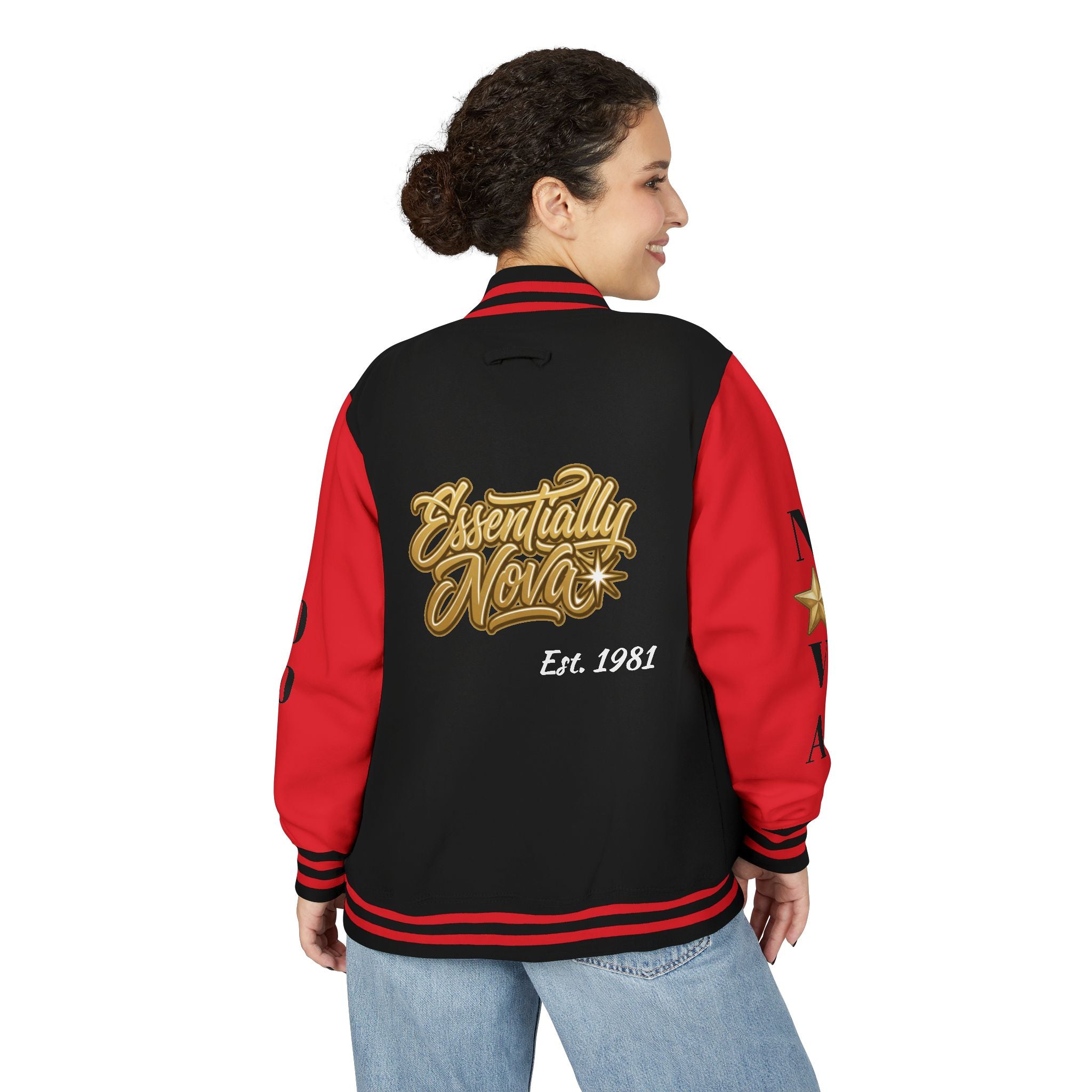 Letterman Jacket — "Essentially Nova" Varsity Bomber with Gold Script & Star Accents