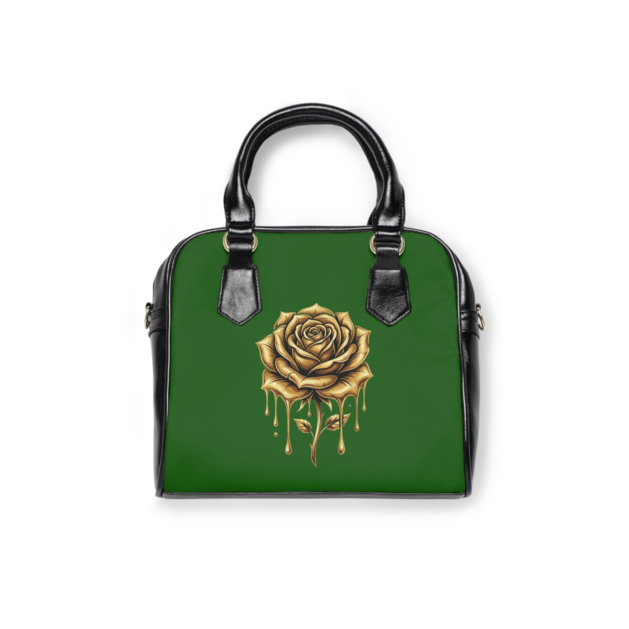 Gold Drip Rose Shoulder Handbag – Green Vegan Leather Purse