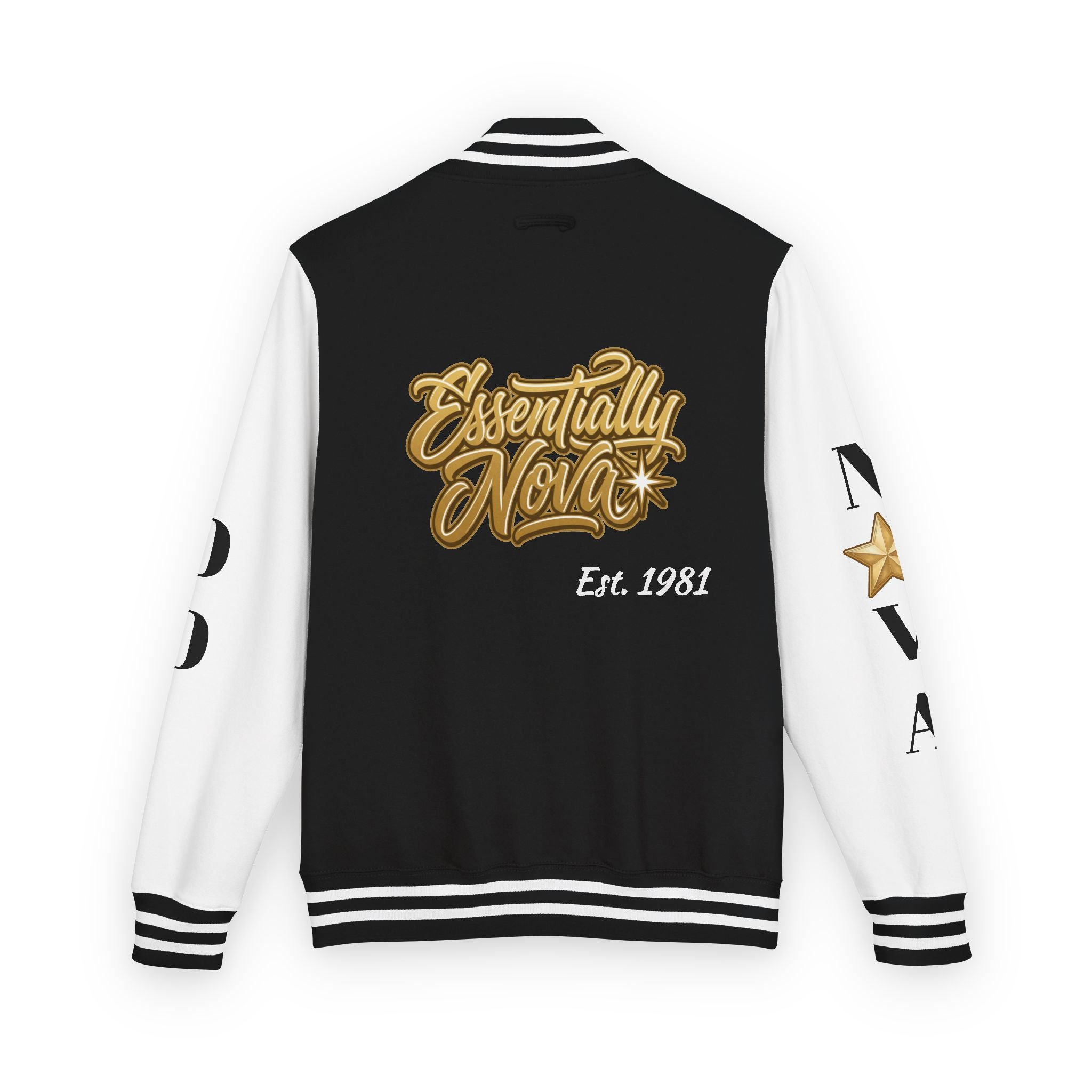 Letterman Jacket — "Essentially Nova" Varsity Bomber with Gold Script & Star Accents