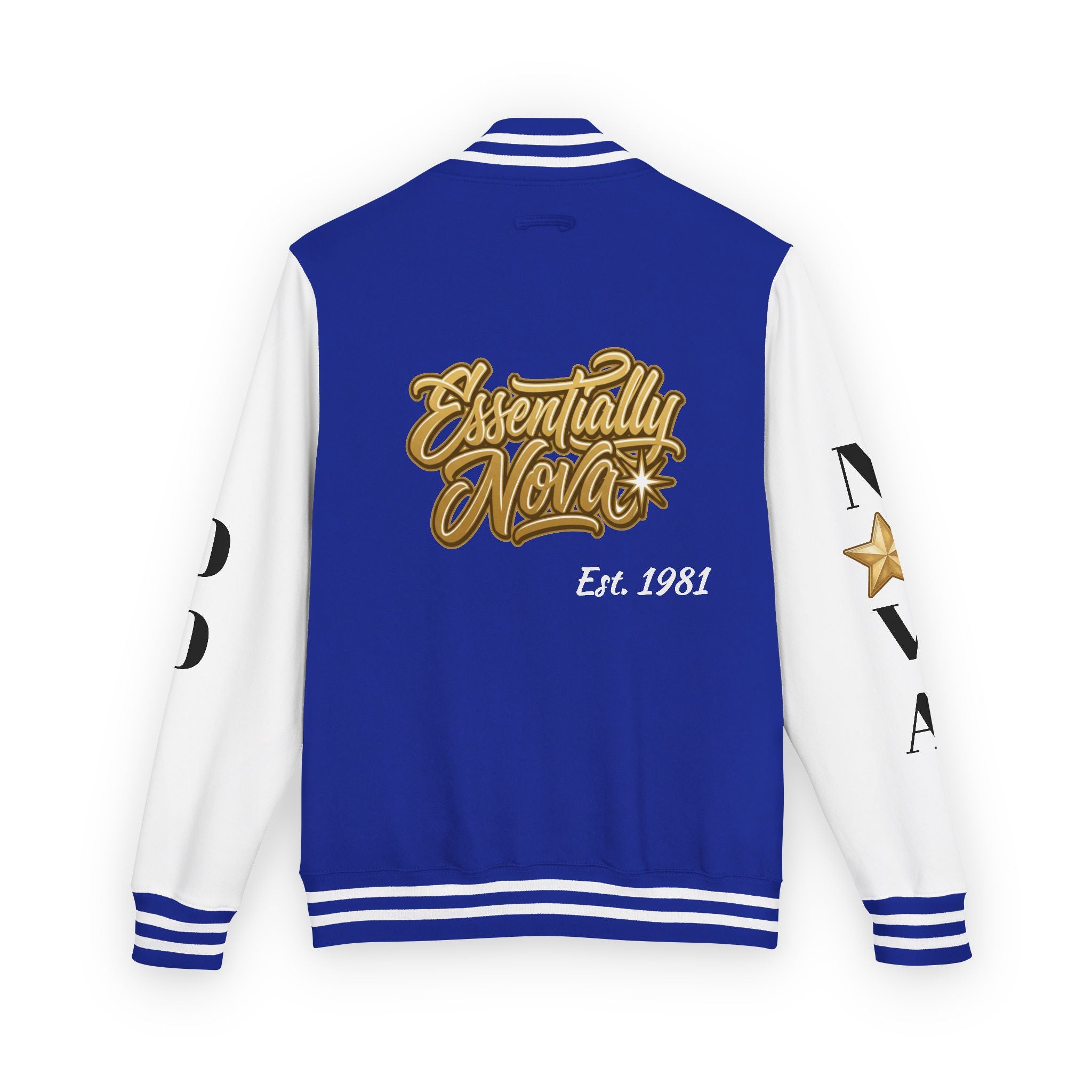 Letterman Jacket — "Essentially Nova" Varsity Bomber with Gold Script & Star Accents