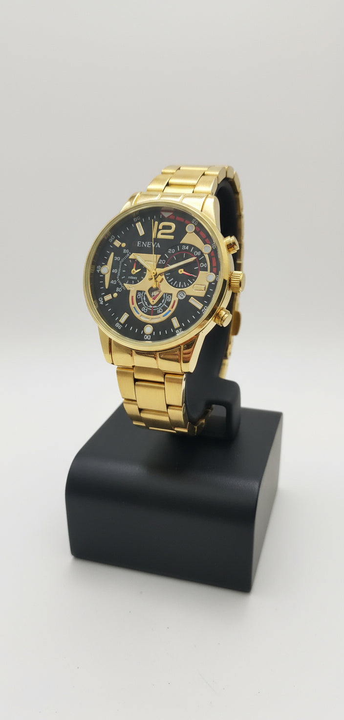 Gold wristwatch on a black stand against a white background