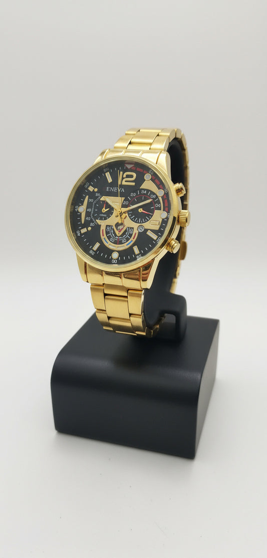 Gold wristwatch on a black stand against a white background