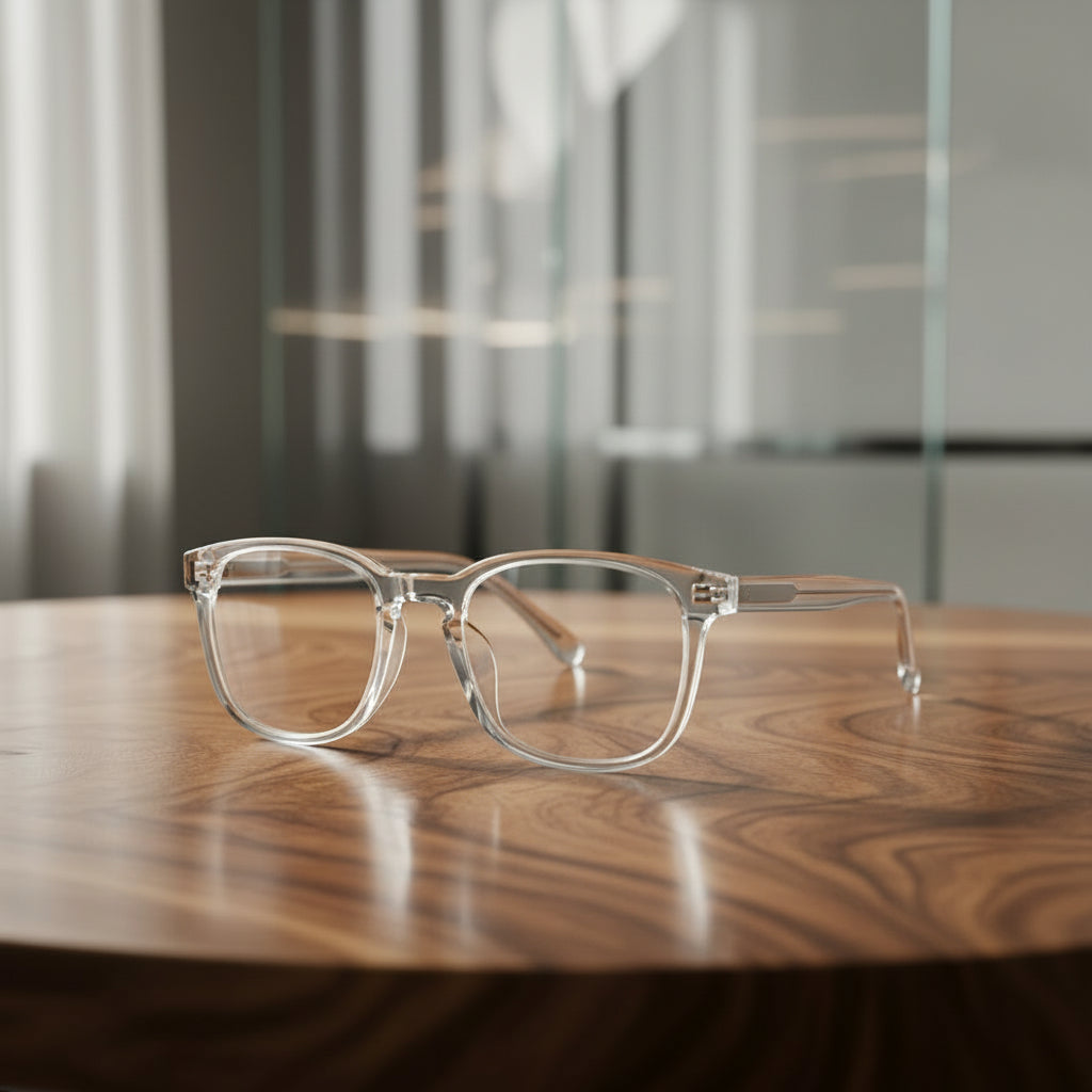 eyeglasses on wood table with shelves background

